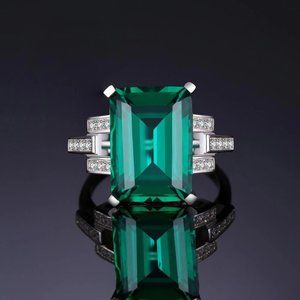 Sterling Silver 925 Ring with Faux Emerald Center Stone & Faux Side Diamonds
